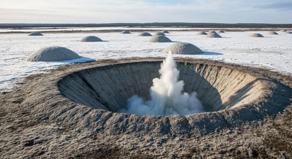 Crater adânc format în urma exploziei unei bule de metan în permafrostul siberian, cu vegetație și sol dezvelit.