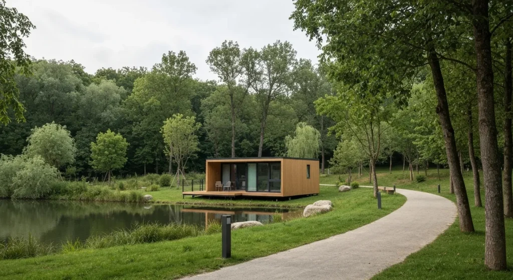 O casă prefabricată modernă, mică, amplasată într-un eco-parc verde, cu un drum pavat și vegetație abundentă.