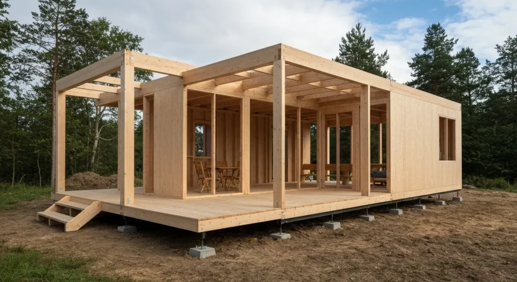 O cabană modernă din lemn, construită din panouri prefabricate, cu o structură de stâlpi și grinzi vizibilă.