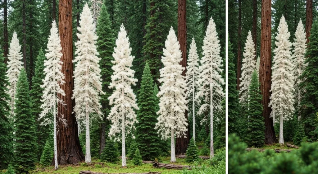 Un grup de copaci de sequoia albi, fără clorofilă, cresc într-o pădure de coastă.