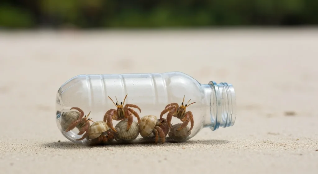 Crabi pustnici prinși și morți într-o sticlă de plastic pe o plajă.