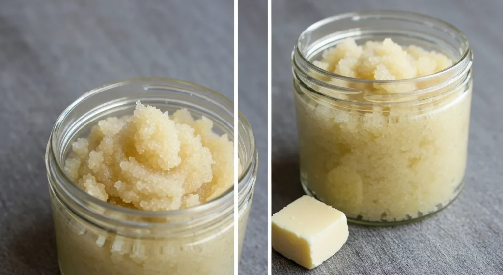 Un borcan cu un scrub de casă din zahăr, ulei de sâmburi de struguri și extract de vanilie.