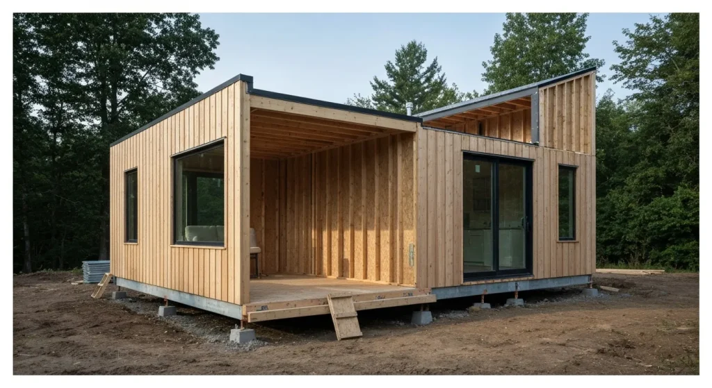 O imagine a unei case prefabricate moderne, cu module largi și un design minimalist.
