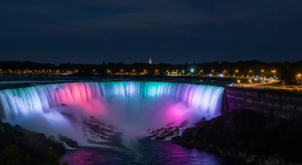Iluminarea nocturnă a Cascadei Niagara, evidențiind culorile vibrante ale apei care curge în cascada.
