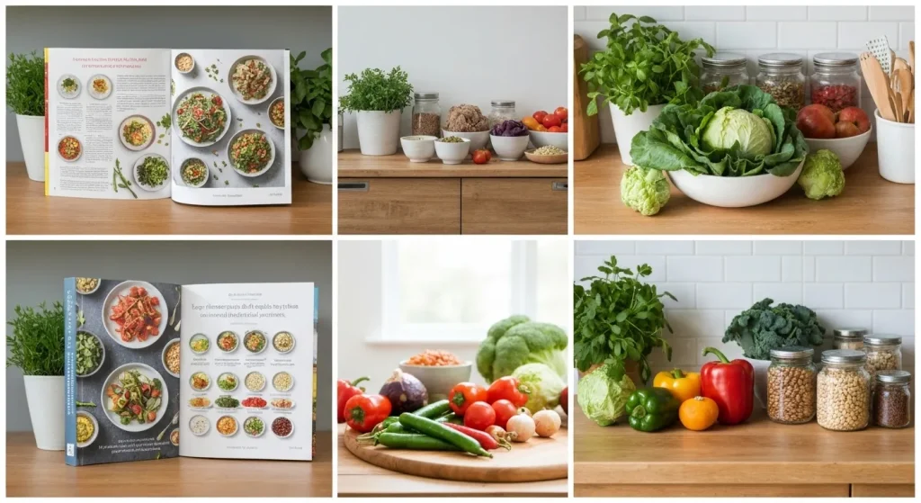 O bucătărie bine aprovizionată cu legume, leguminoase, cereale și condimente diverse, alături de cărți de bucate vegetariene.