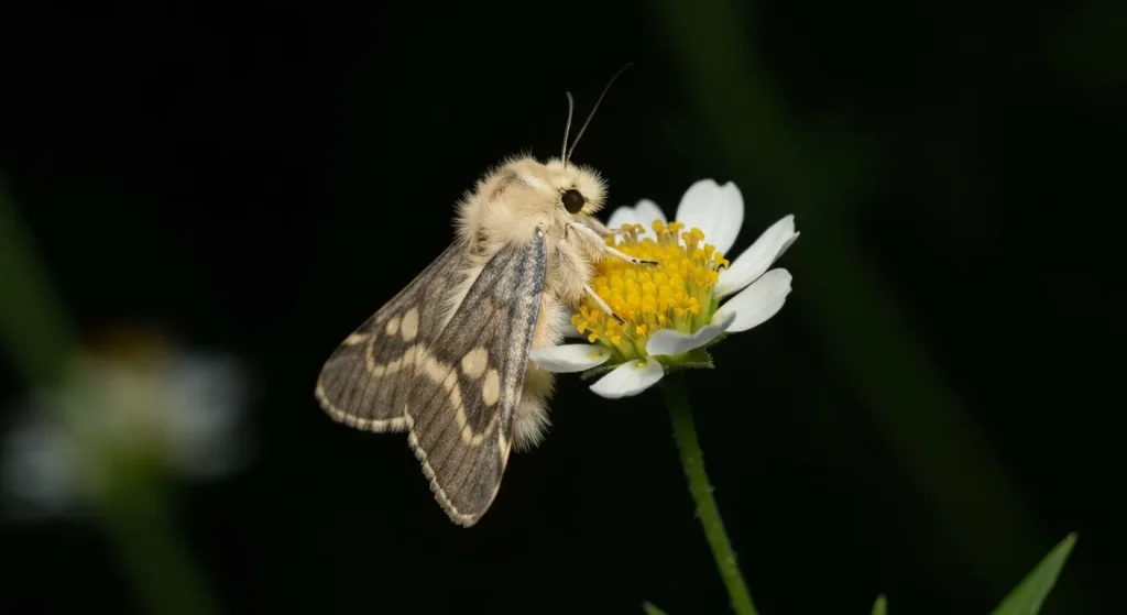 Molie nocturnă cu corp păros așezată pe o floare, polenizând planta.