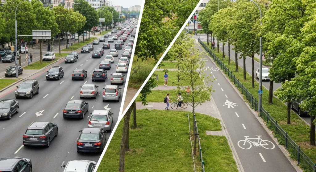 O stradă aglomerată cu mașini, în contrast cu o zonă pietonala îngustă și o pistă de biciclete.