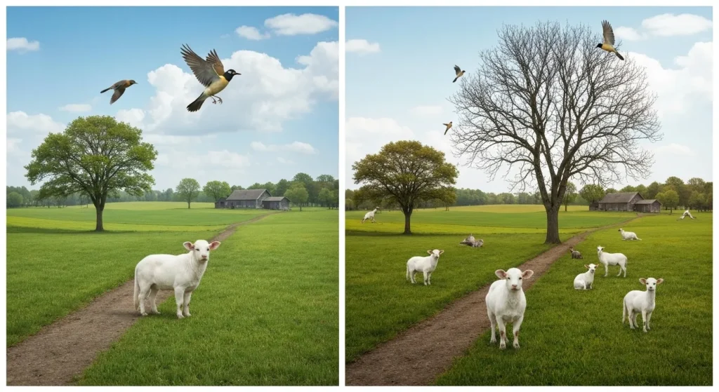 O imagine a unui peisaj rural, cu păsări moarte, animale bolnave și copaci fără frunze, contrastând cu un peisaj verde și sănătos în fundal.