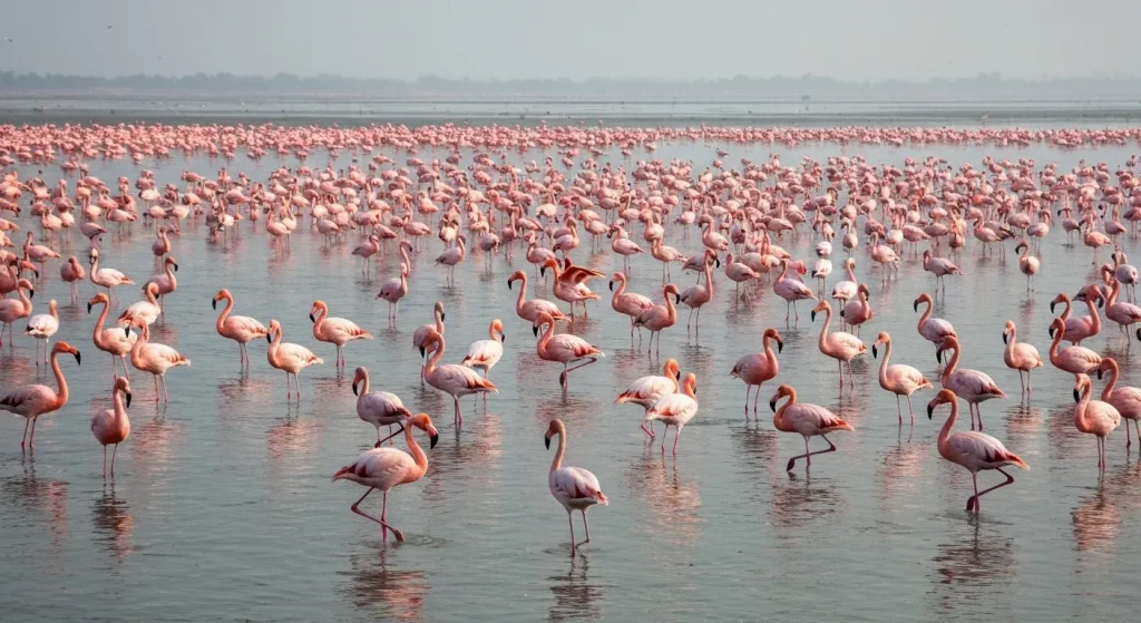 Un stol mare de flamingo roz în apele puțin adânci ale unui golf, cu vegetație de coastă în fundal.