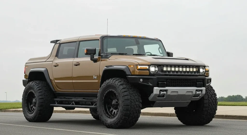 O imagine a unui Hummer electric mare, arătând dimensiunea sa impunătoare și detalii ale designului.