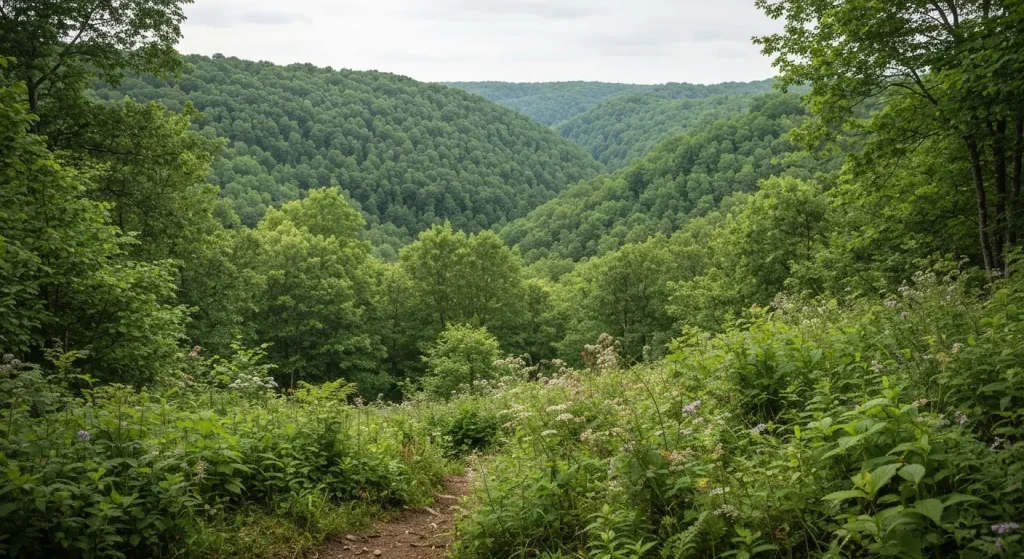 Pădure vastă și diversă în Munții Apalași, cu variații de altitudine și vegetație.