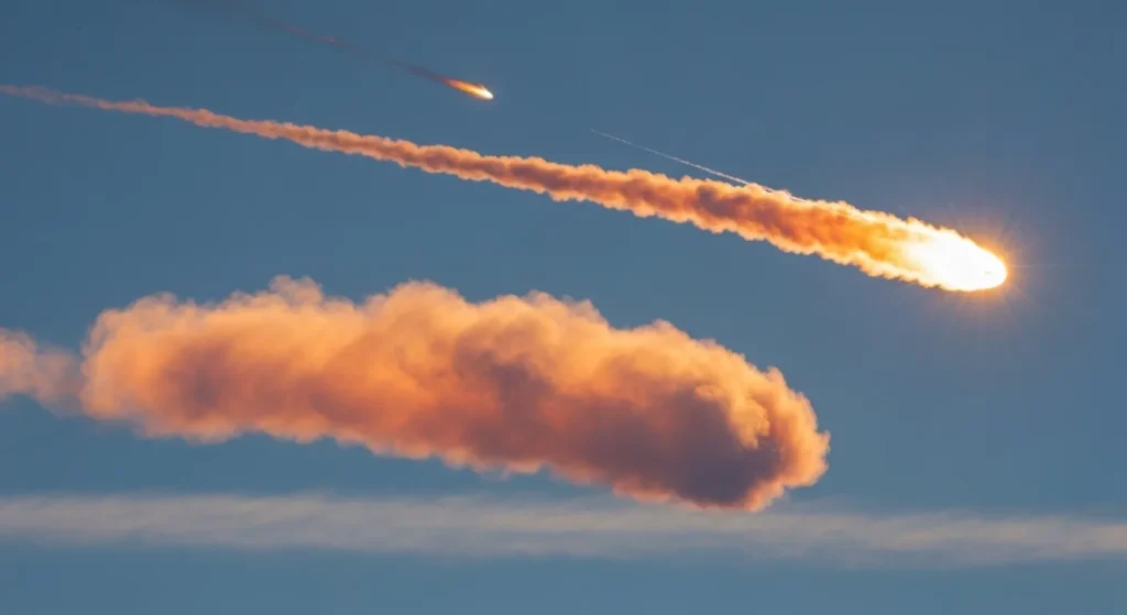 O imagine a unei urme strălucitoare a unui meteorit în atmosferă, cu un nor portocaliu sub ea, surprinsă de un satelit.