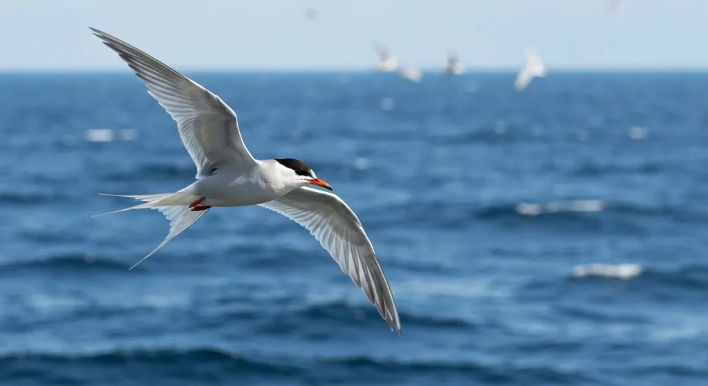 O chiră arctică zboară deasupra unui ocean vast.