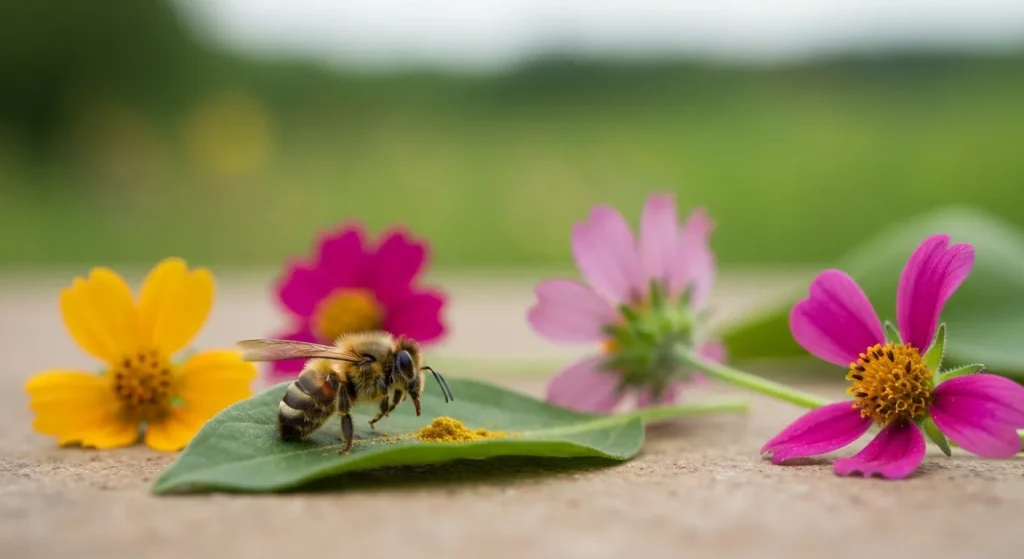 O albină moartă printre flori colorate, cu o ușoară prezență de praf de insecticid pe o frunză.