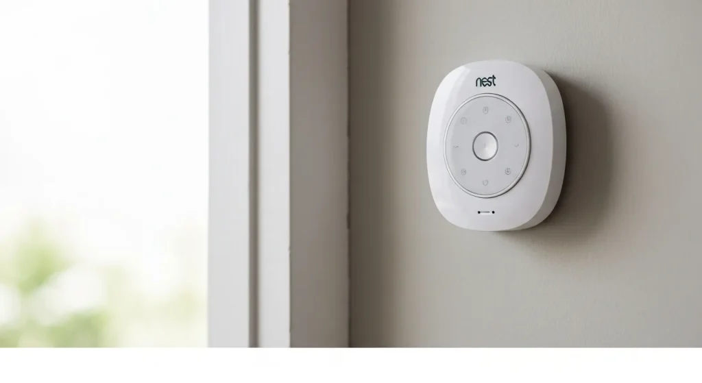 Un termostat inteligent Nest E, de culoare albă, afișează temperatura camerei pe un ecran simplu.