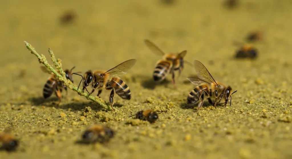 O fotografie care prezintă albine moarte lângă plante tratate cu pesticide, cu evidențierea reziduurilor chimice vizibile.