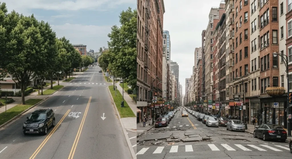 O comparație vizuală între o stradă suburbană largă și o stradă urbană aglomerată, ilustrând diferența de infrastructură și densitate.
