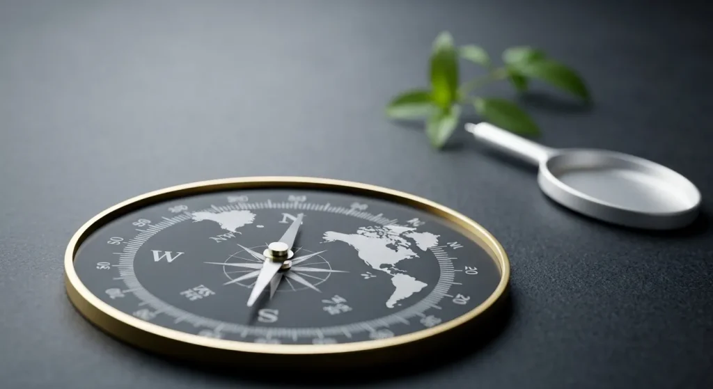 O busolă cu acul indicând spre nordul magnetic, care se deplasează spre Rusia.