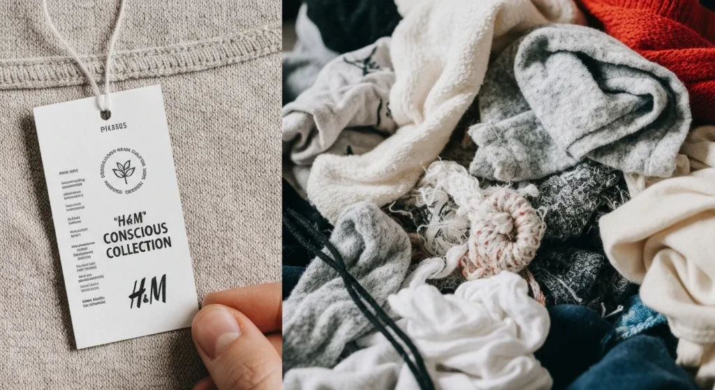 Etichetă a unei piese vestimentare din colecția Conscious a H&M, cu simboluri și declarații despre sustenabilitate, alături de o grămadă de haine uzate sau materiale textile.