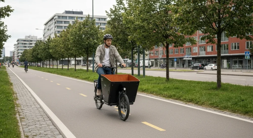 O bicicletă electrică de marfă pe o pistă de biciclete modernă într-un oraș norvegian.