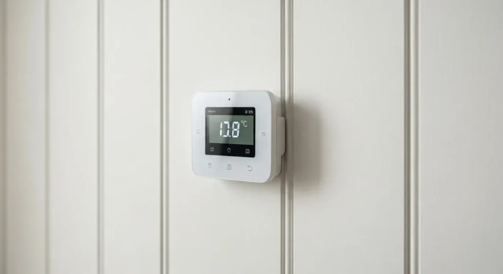 Un termostat inteligent minimalist, montat pe un perete cu lambriuri albe.