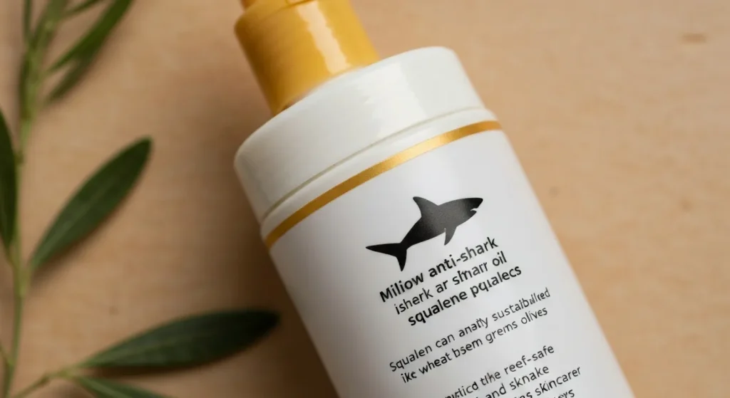 O sticlă de produs cosmetic cu o etichetă nouă care indică utilizarea squalenei pe bază de plante.