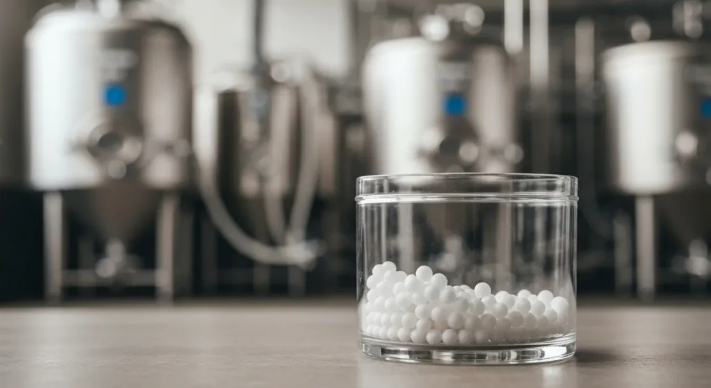 Microcapsule de bicarbonat de sodiu, utilizate pentru captarea dioxidului de carbon, într-un rezervor de fermentație.