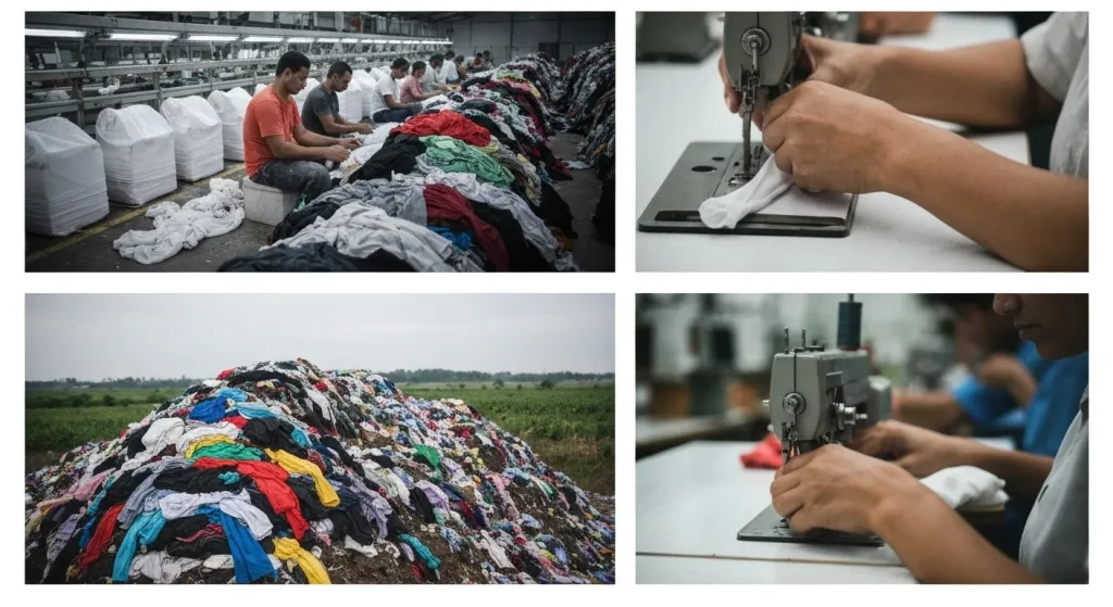 Muncitori într-o fabrică de confecții, munca manuală, haine stivuite.