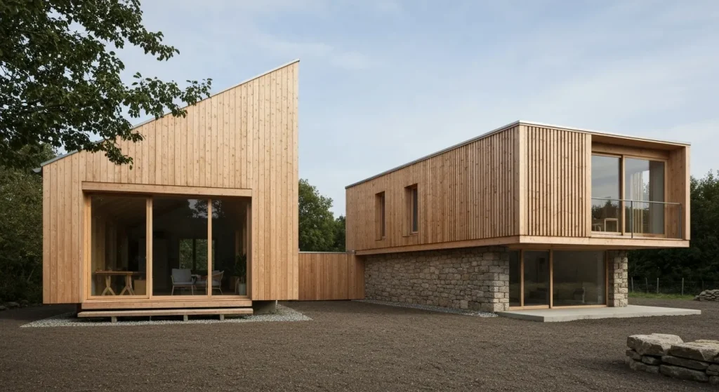 O imagine a unei clădiri moderne construite din materiale naturale, cum ar fi lemnul și piatra, cu o arhitectură minimalistă și eficientă din punct de vedere energetic.