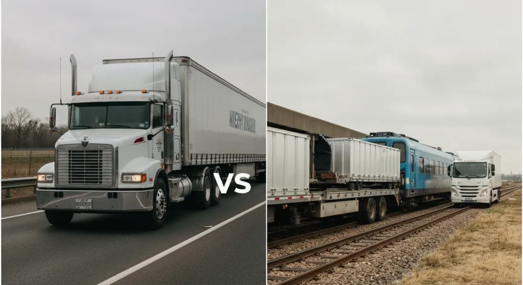 Un camion mare pe o autostradă aglomerată, contrastând cu un container ușor de aluminiu care este transferat de la un tren la un camion mic electric.