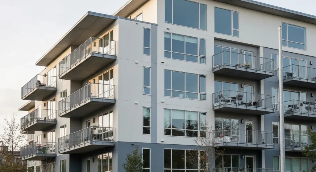 Clădire modernă cu ferestre mari, balcoane, și un ecran exterior decorativ.