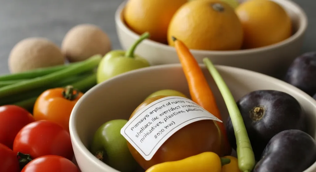 Fructe și legume acoperite cu ceară de albine, cu o etichetă care indică prezența cerii.