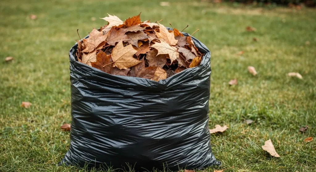 Un sac negru de gunoi umplut cu frunze toamna, afară, în grădină.
