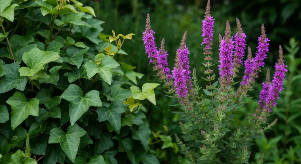 Plante ornamentale exotice invazive, cum ar fi iederă englezească, dracilă japoneză și salcâm roșu, crescând în exces într-un peisaj.