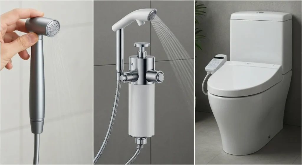 Diverse tipuri de bideuri, de la un pulverizator manual la un capac de toaletă electric și o toaletă integrată de lux.