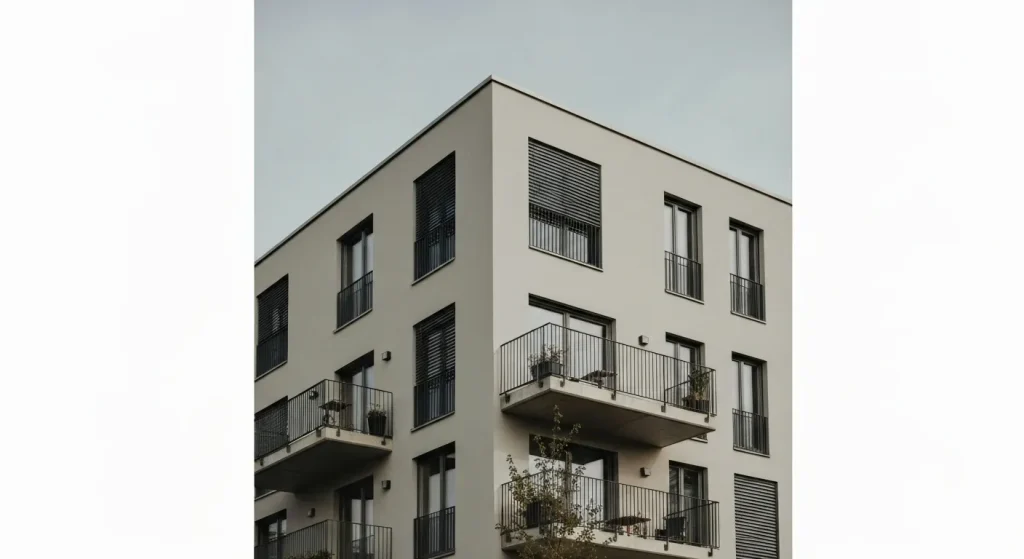 Clădire modernă de apartamente cu fațadă simplă, ferestre dispuse strategic și brise-soleil.