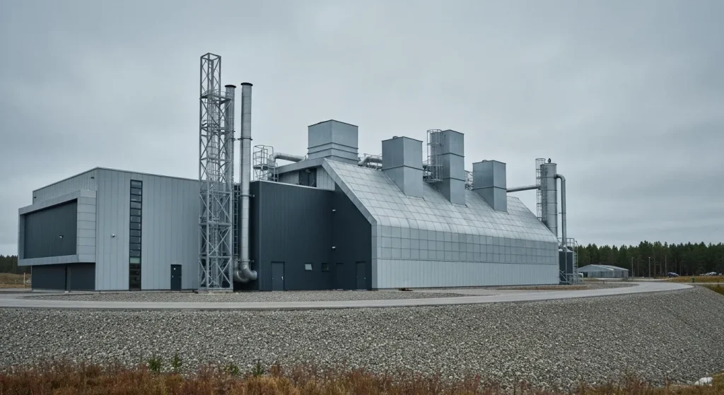 O centrală modernă de incinerare a deșeurilor, cu un design arhitectural curat și eficient.