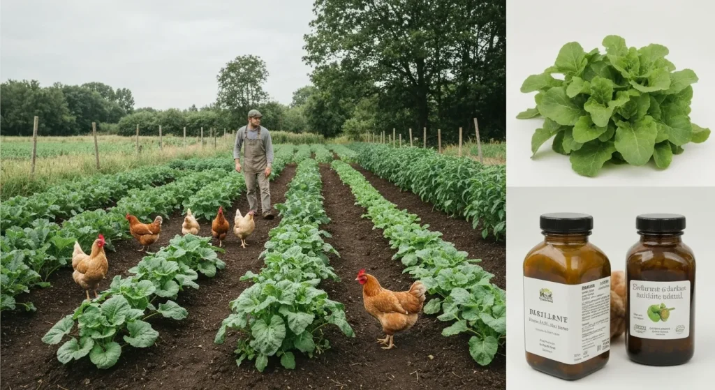 O fermă mică, diversificată, cu găini și culturi variate, ilustrând practici agricole sustenabile.