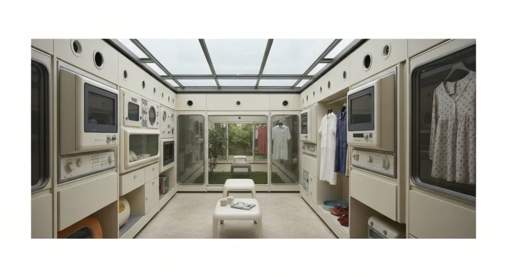 O machetă a unei case futuriste din 1956, cu o curte interioară, mobilier integrat și aparate electrocasnice avansate.