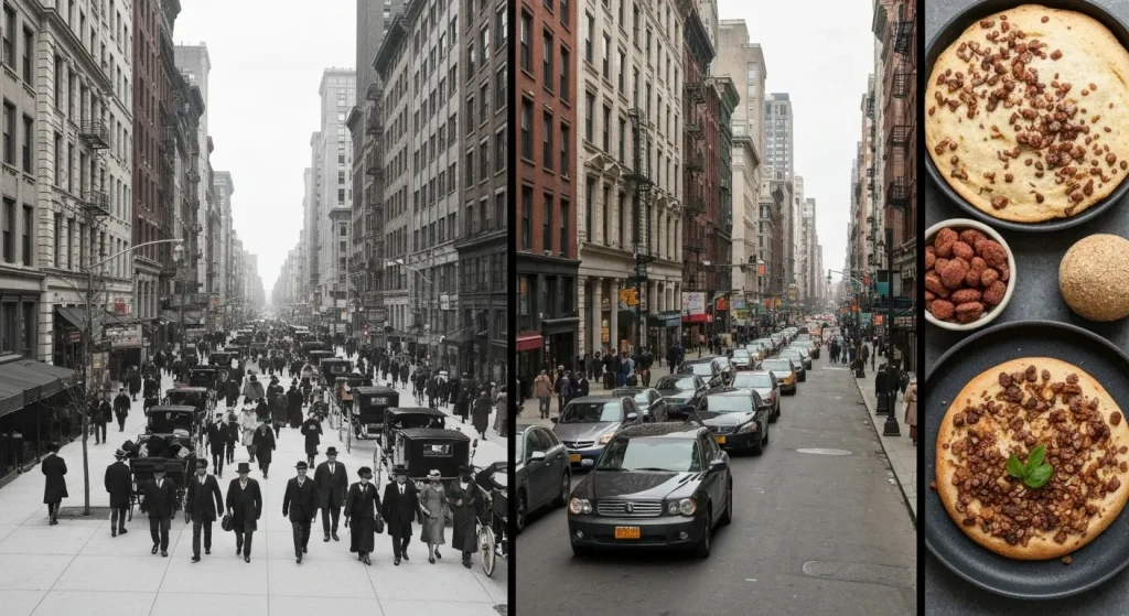 Imagini comparative ale unor străzi din New York în 1911 și în prezent, arătând diferența de lățime a trotuarelor și prioritatea acordată pietonilor.