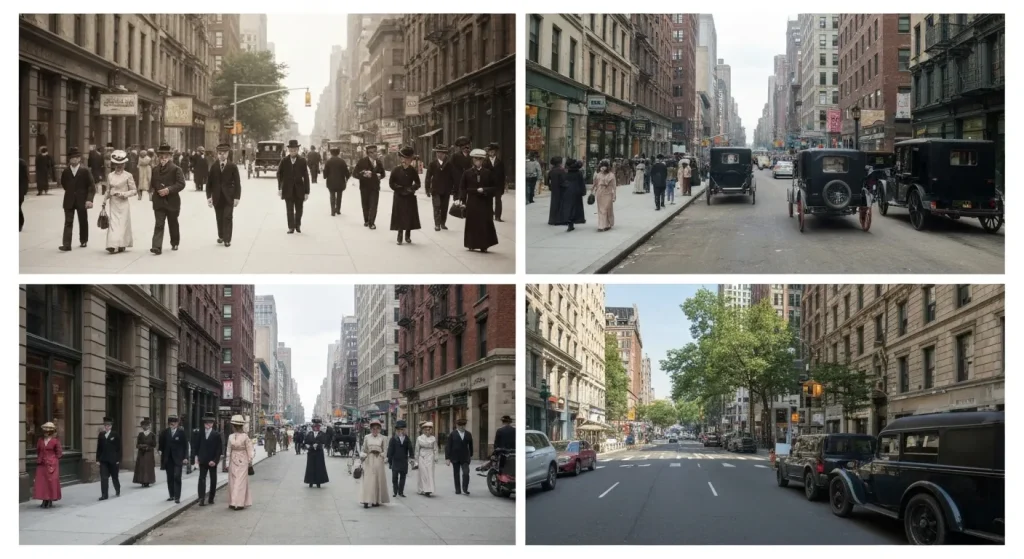 Imagini comparative ale unor străzi din New York în 1911 și în prezent, arătând diferența de lățime a trotuarelor și volumul traficului pietonal.