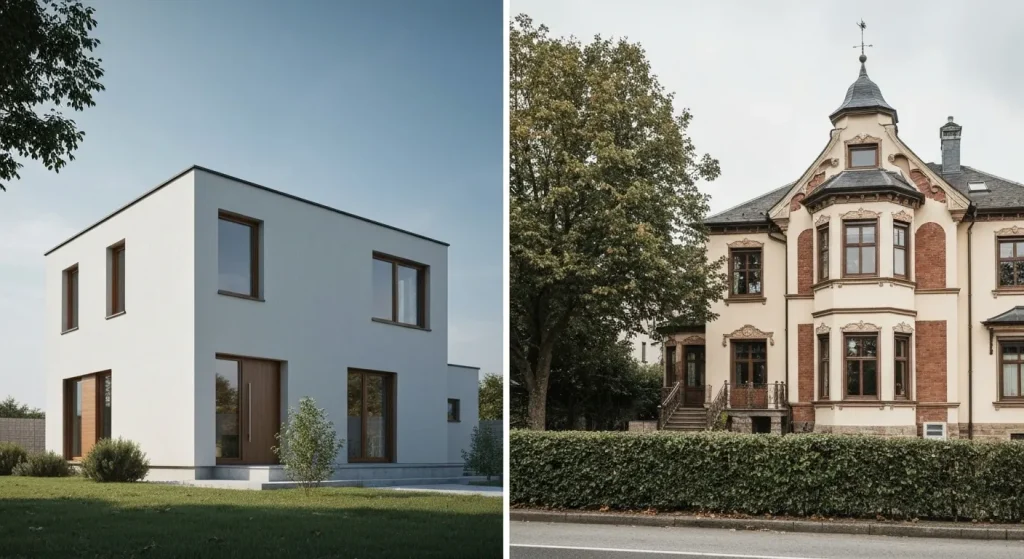 Imagine comparativă a două case: una cu design simplu, cubic și alta cu design complex, cu multe proiecții și detalii arhitecturale.