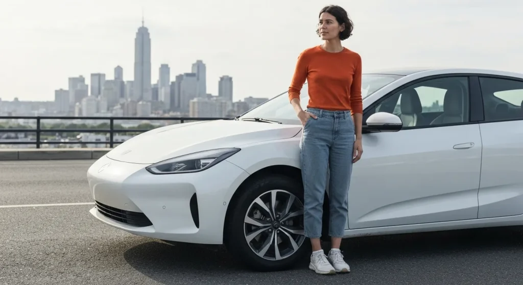 O persoană stă lângă o mașină electrică, pe fundal fiind vizibil un oraș.