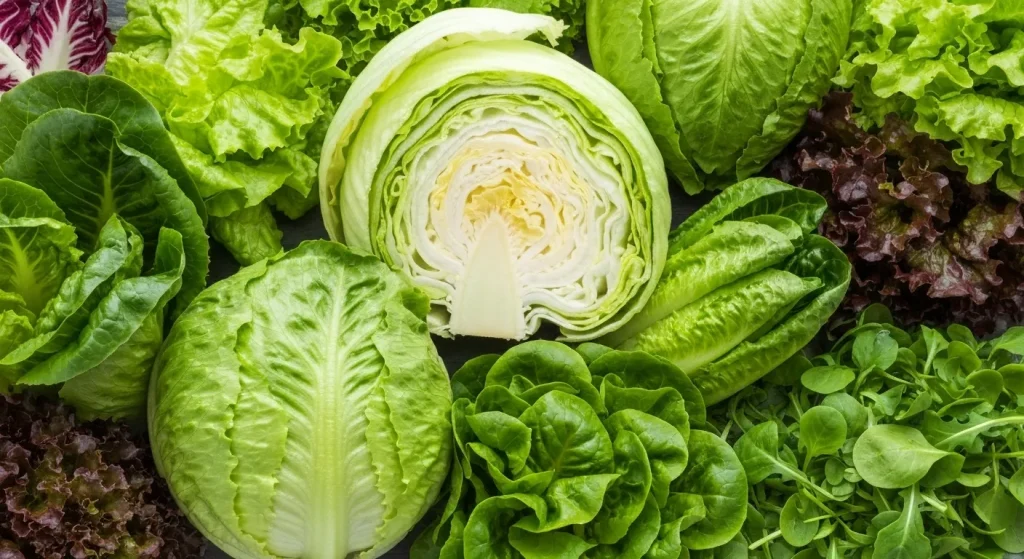 O varietate de salate verzi proaspete, inclusiv salată iceberg, romaine și alte tipuri, aranjate într-o compoziție atractivă.