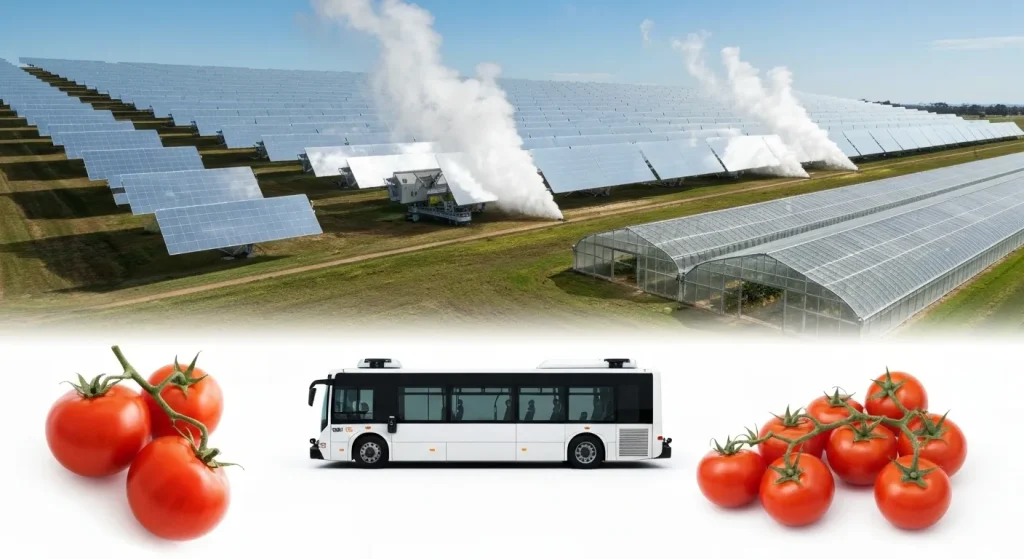 O instalație solară gigantică cu mii de oglinzi reflectă lumina soarelui într-o seră pentru cultivarea roșiilor.