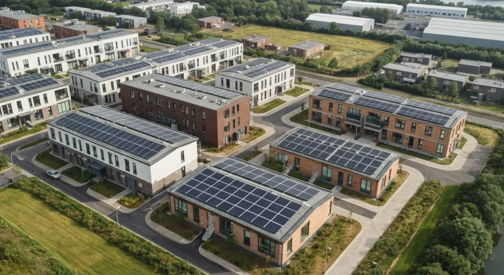 Un ansamblu de locuințe ecologice construite pe amplasamentul unei foste centrale electrice pe cărbune, cu panouri solare pe acoperișuri și pe sol.