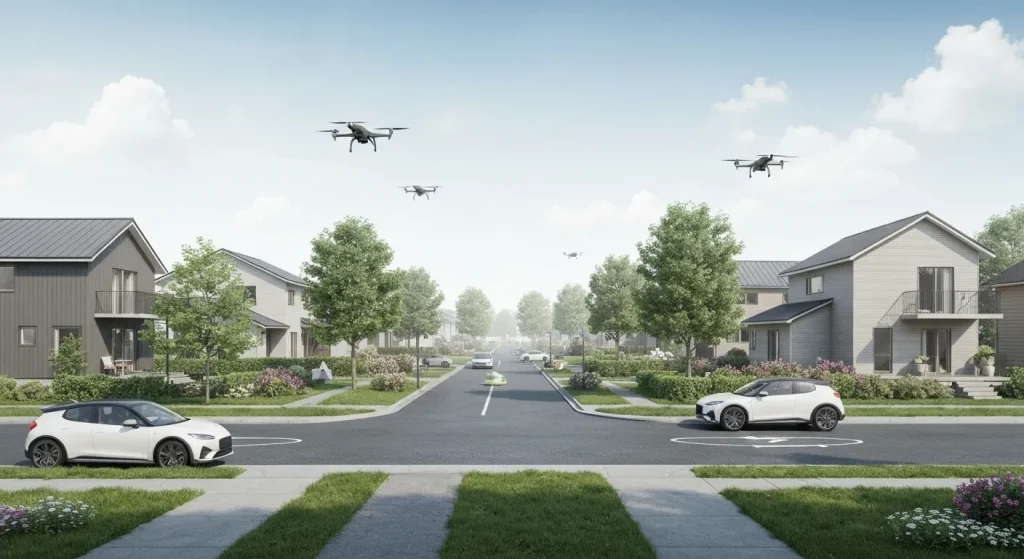O imagine a unei suburbii moderne, cu case mici, spații verzi extinse și drumuri cu sens unic, cu mașini autonome și drone în cer.