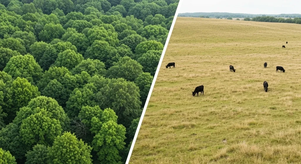 O imagine care compară o pădure luxuriantă cu un câmp arid și supraexploatat pentru creșterea animalelor.