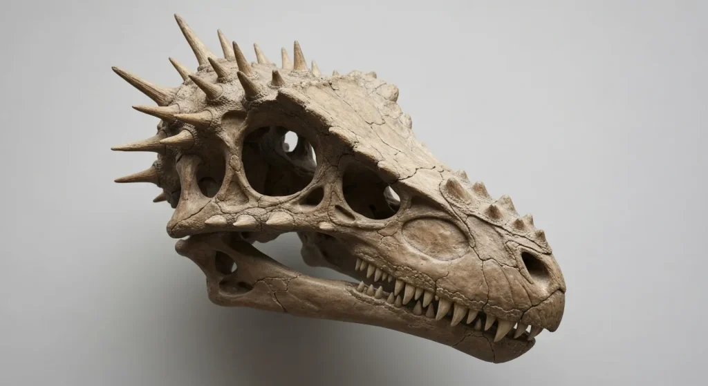 Scheletul parțial al unui Akainacephalus johnsoni, cu craniul său spinos, expus.