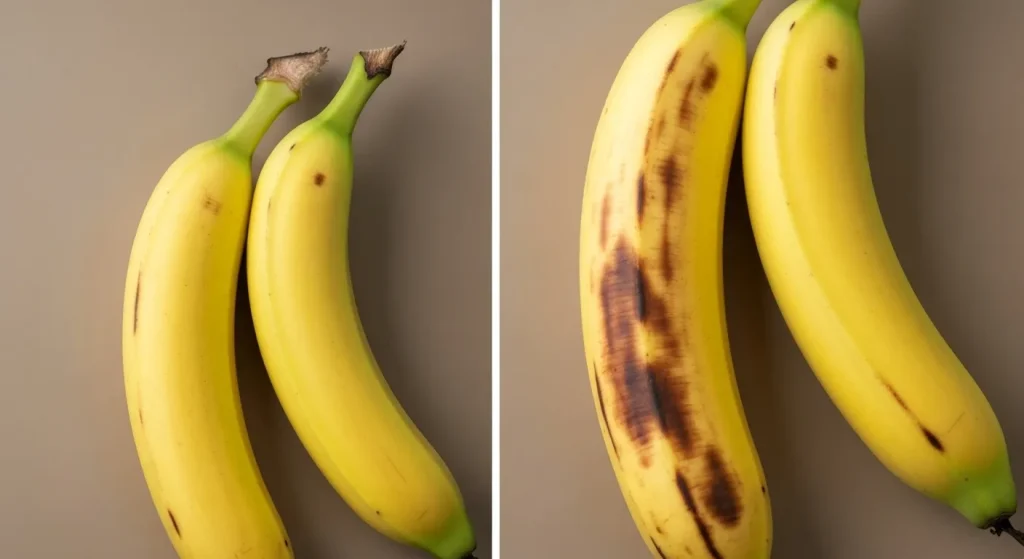 Un prim-plan al unei banane Cavendish sănătoase și a unei banane afectate de o boală fungică.